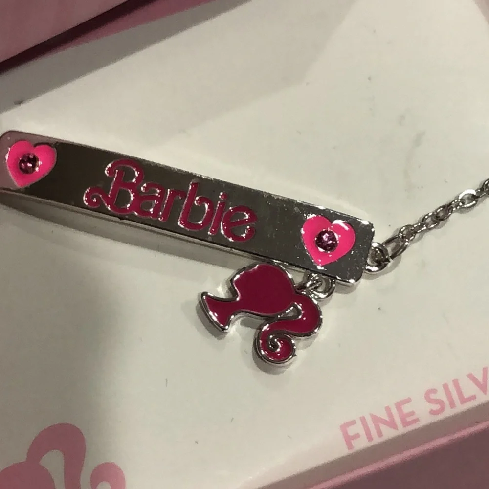 Barbie fine silver plated Barbie charm pink heart printed bar bracelet new‎